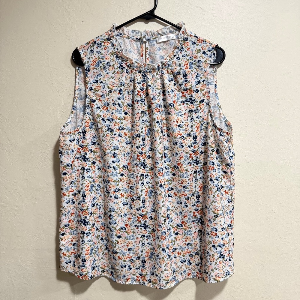 Women’s Sleeveless Floral Blouse Botanicals Sz XL SimpleFun Ruffled High Neck